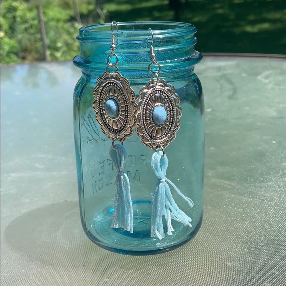 Handmade Southwestern Tassel‎ Earrings Turquoise Silver